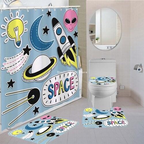 Cartoon Astronaut Planet Rocket Shower Curtain Print Waterproof Bathroom Curtain Anti-slip Bath Mat Set Toilet Rugs Carpet