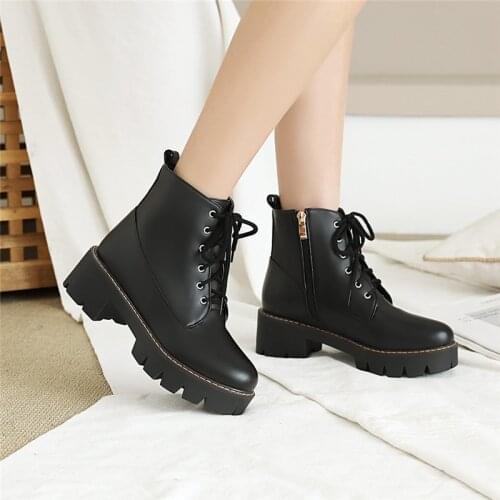 YMECHIC New Arrival 2021 Winter Black Lace Up Ankle Boots for Women Chunky High Heels Shoes Cross Tied Punk Platform Biker Boot
