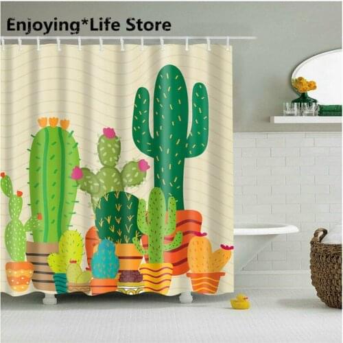72*72 In Shower Curtain Art Bathroom Decor Plants Cactus Design Green + 12 Hooks Shower Curtains Bathroom Curtain