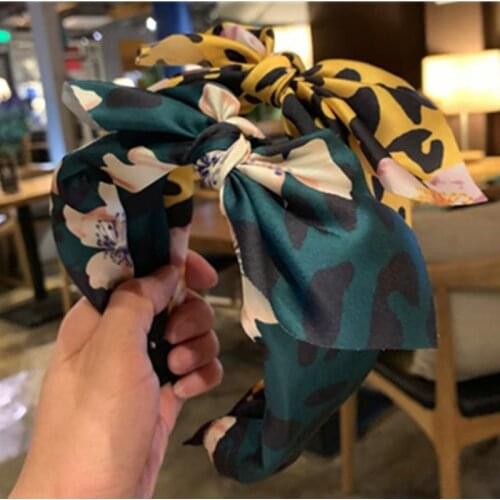 Green Boho Flower Print Headband for Women Bow Knotted Hairband Adults Headwear Wide Head Band Animal Print Flower Headband