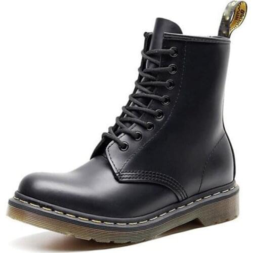 Women Leather Ankle MartinsBoots For Women Casual Drmotorcycle Shoes Warm Fur Winter Couple Shoes Zapatos Mujer 35-48 YellowLine