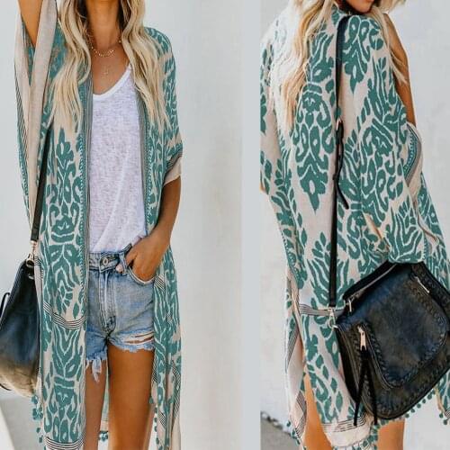 2021 Bohemian Printed V-neck Half Sleeve Plus Size Beach Wear Kimono Cardigan Tunic Women Tops and Blouses Shirts