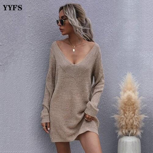 Womens Sweater 2020 Autumn Winter New V-Neck Pullover Long Sleeve Knit Sweater Girl Mid-Length Slim Knit Dress Pull Femme Hiver