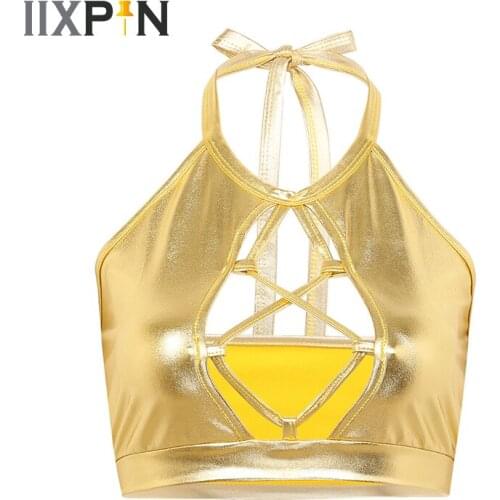 Women pole dance clothing crop top costume Wetlook Metallic Halter Neck Front Hollow out Backless Cami Vest Crop Tank Top Blouse