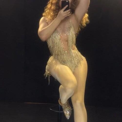 Sparkly Tassel Bodysuit Women Rhinestone Outfit Glisten Beads Costume One-piece Dance Wear Singer Stage Leotard