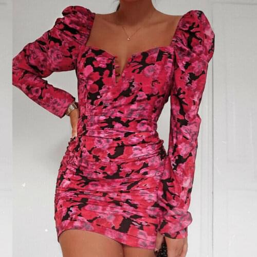 Hirigin Fashion Autumn Womens Bodycon Floral Dress Puff Sleeve Short Mini Party Pencil Dresses