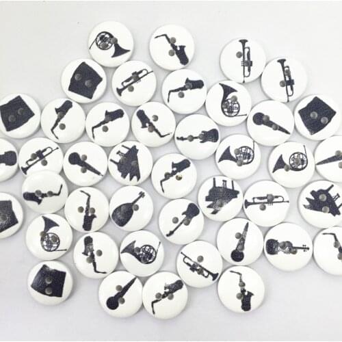 100pcs 15mm Mixed Musical Instruments Black White Wooden Buttons DIY Crafts Scrapbooking Round Sewing 2 Holes Accessories