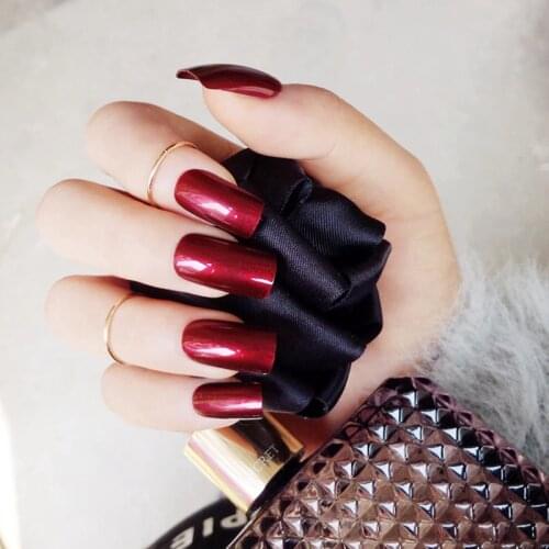 New Arrival 24pcs Specular Reflection Fake Nail Tips Wine Red Long Full False Nails Acrylic Manicure Z431