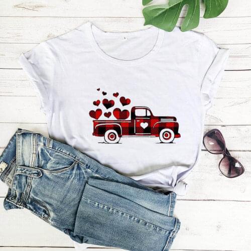 Plaid Printed Splicing Car Heart T-Shirt Valentines Day Tee New Arrival Womens Funny Casual 100%Cotton Valentines Day T-Shirt