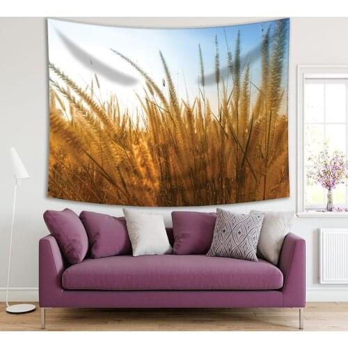 Tapestry Becomes Blurred Gold Meadow and Sunlight Autumn Nature Blue Sky Countryside View Printed
