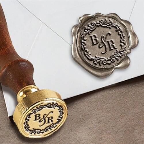 Personalized Monogram 2-Initial Custom Wax Seal Stamp 1" Die- #3381 Times Roman Font Duogram with Decorative Border