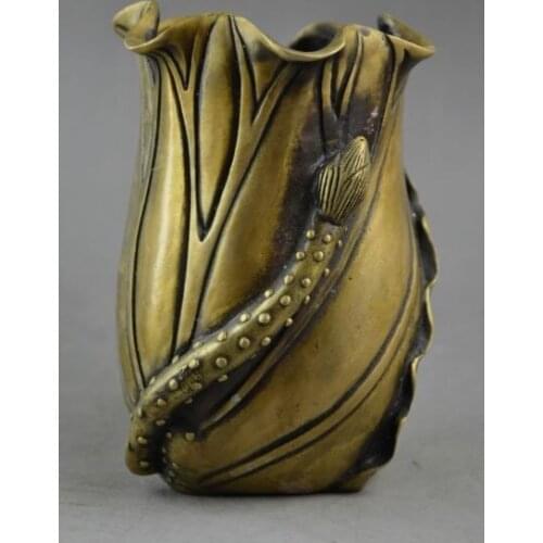 Exquisita mano de obra china antigua latón hoja de la flor de loto estatua brocha
