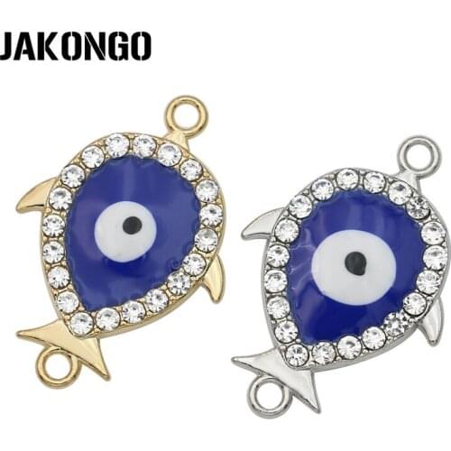 JAKONGO Silver Plated Crystal Enamel Blue Evil Eye Dolphin Connectors for Jewelry Making Bracelet Accessories DIY Craft 24x17mm