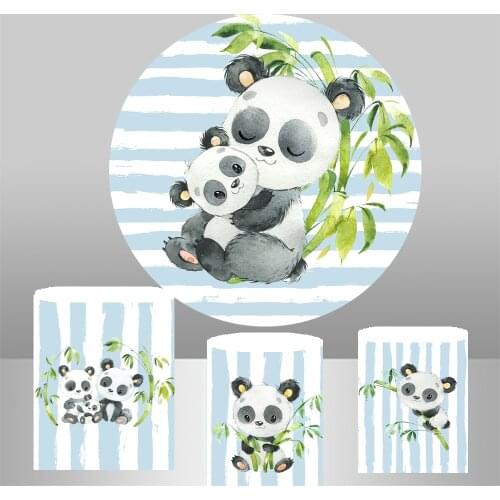 Circle background Cartoon watercolor panda round Backdrop blue stripes baby shower boys birthday Party table Cover Photo YY-327