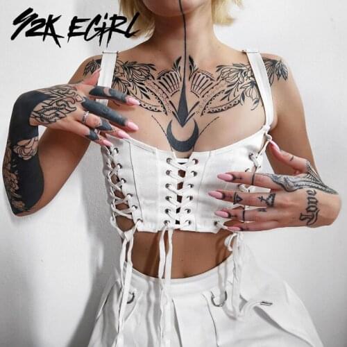 Y2K EGIRL Cyber Y2K Fashion Lace-Up Cami Tops Grunge Punk Aesthetics Straped Backless White Crop Tops Summer Streetwear Vintage