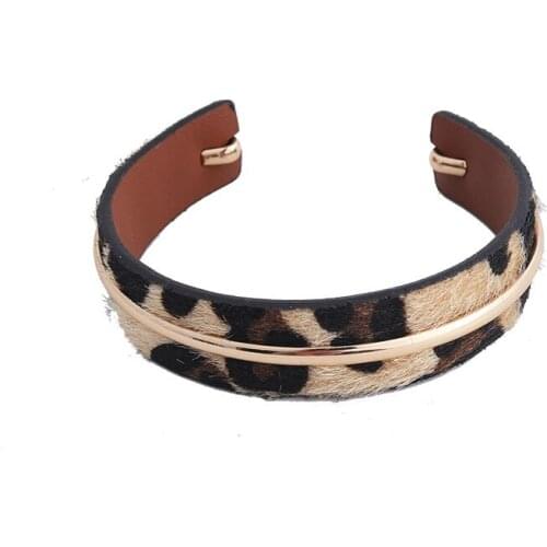 Ins Gold Metal Leopard Faux Leather Hand Cuff Minimalism Bracelets Trendy Korean Fashion Women Party Jewelry