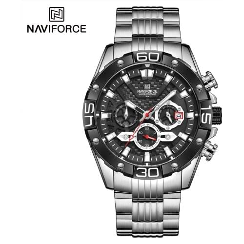 Men Watch Chronograph Silver Black Quartz Steel Waterproof Watches Multifunction Male Clock Watches NAVIFORCE Business 2022 New