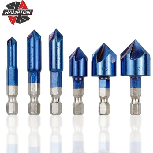 6pcs Countersink Drill Bit Set Hex Shank 90 Degrees Chamfering Cutter 5 Flutes Chamfer Drill Bit Nano Blue Coated Chamfer Tool