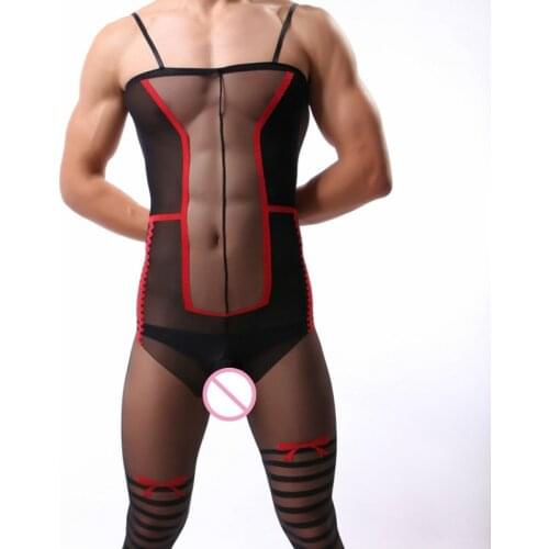 New Arrive Mens Bodystocking Sling Jacquard Jumpsuit Red Bow Stockings Gay Sexy Lingerie Transparent Male Open Crotch Underwear