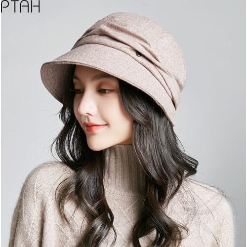 [PTAH] Autumn Winter Felt Hats Fedora Accessories British Style Vintage Church Hats Ladies Fedora Extra Wide Brim Hats For Women