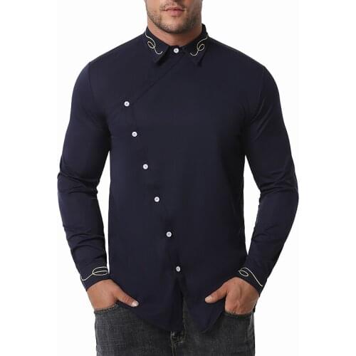 Western Denim Shirt Slim Fit Social Dress 2021 New Hollow European Size Mens Trend Embroidered Asymmetric Long-Sleeved Shirt