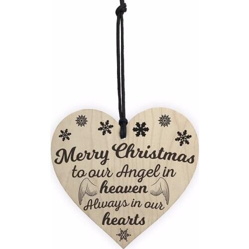 Merry Christmas Angel Heaven Wooden Hanging Heart Memorial Plaque Xmas Tree Decoration