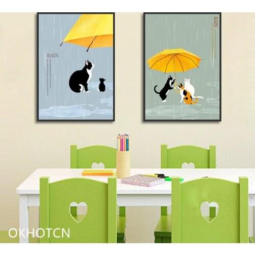 Modern Minimalist Abstract Cute Cat Umbrella Shelter Painting for Childrens Room Decoration Wall Art Canvas Posters and Prints