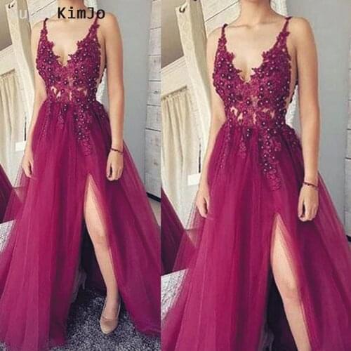 SuperKimJo Burgundy Prom Dresses 2020 V Neck Lace Applique Beaded Sexy Prom Gown with Side Slit Robe De Soiree