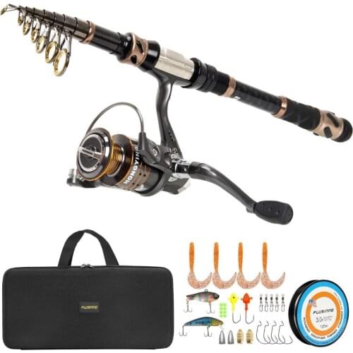 PLUSINNO Fishing Rod and Reel Combos - Carbon Fiber Telescopic Fishing Pole - Spinning Reel 12 +1 Shielded Bearings Stainless