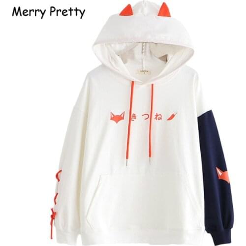 Merry Pretty Fox Print Lace Up Hooded Sweatshirts Women Cotton Hoodies With Horns Harajuku Thick Fleece Sweatshirt Pullovers