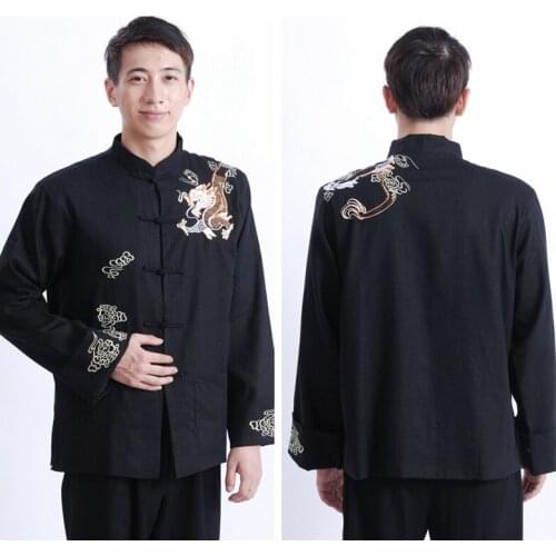 Chinese Traditional Top Tang Suit for Men Solid Color Dragon Embroidery Long Sleeve Kungfu Clothes Spring Adult Vintage Top Coat