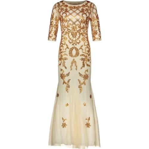 Vintage 1920s Long Formal Dress See-Through Half Sleeve Embroidery Floral Sequin Party Dress Sexy Maxi Mermaid Dress Vestido