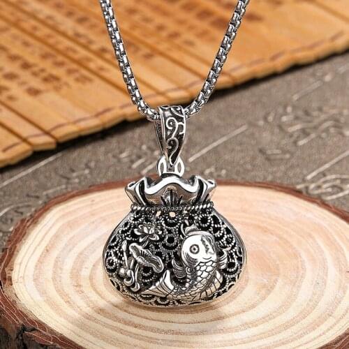 Vintage Silver Color FU Necklace Carp Purse Pendant Feng Shui Wealth Necklace Good Lucky Jewelry for Men Women Gifts