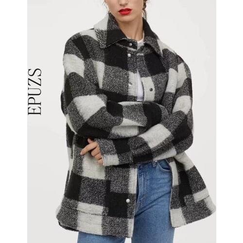 Vintage Woolen Plaid jacket women winter coat Long Sleeve oversize shirts jacket casual work office Chic outwear 2020
