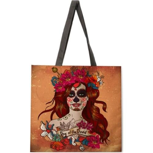 Ladies shoulder bag linen fabric bag horror girl tote bag eco-friendly shopping bag outdoor foldable beach bag leisure tote bag