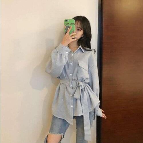 Chic Korean Style stripe Women Blouse Tunic Shirt Sashes Long Sleeve Button Ladies Shirts Turn-Dwon Collar Plus Soze Female Tops