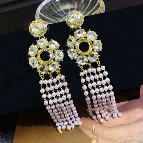 Big Crystal Pearl Tassel Long Drop Earrings Women Statement Fashion Jewelry Earings