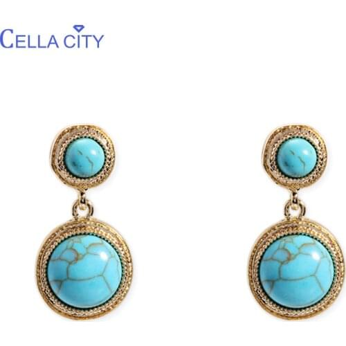 Cellacity Vintage Style Ear drops Silver 925 Jewelry Round Gemstones Earrings for Women Turquoise Tigereye Water Drop Shaped