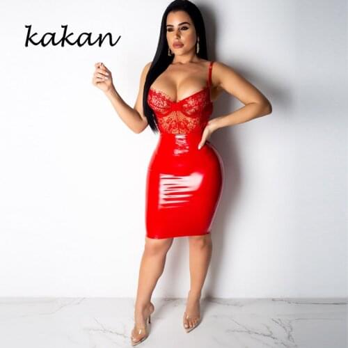 Kakan new sexy PU lace dress perspective strap backless zipper bag hip dress black red blue dress