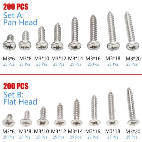 200pcs Stainless Steel Flat Head Screws High strength Self-Tapping Screws Assortment Kits M3*6-20 For Wood Furniture