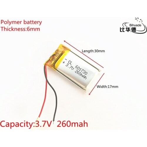 3.7V,260mAH,601730 Polymer lithium ion / Li-ion battery for TOY,POWER BANK,GPS,mp3,mp4,cell phone,speaker
