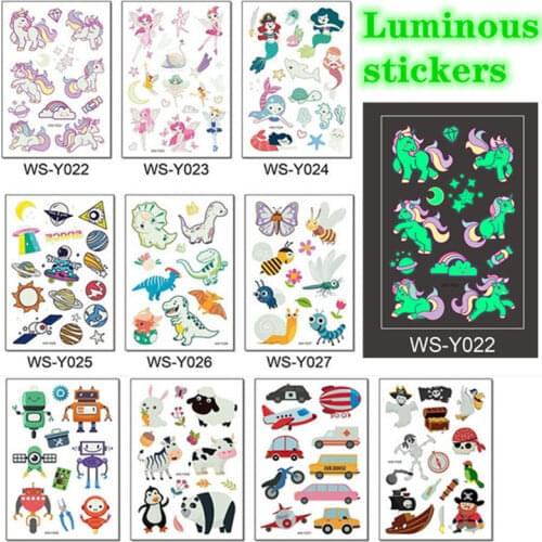 5pcs/lot Luminous Child Tattoo Temporary Unicorn Mermaid Dinosaur Tattoo Sticker on Body Face for Kids Christmas Halloween Gift