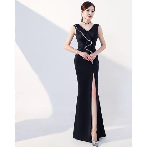 Black Appliques Evening Dress Fashion V-Neck Sleeveless Mermaid Simple Floor-length Plus size Women Formal Party Dresses C1299