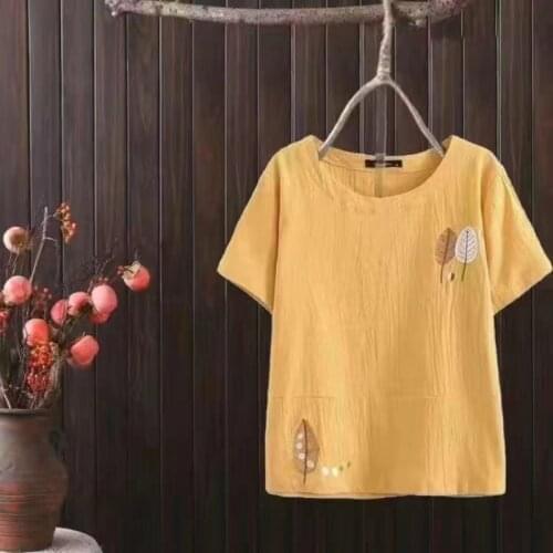 Womens T-shirts Solid Color Cotton Linen Top Female Embroidered Plus Size LOOSE Casual Short Sleeve Shirts for Women Summer