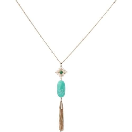 FYJS Unique Light Yellow Gold Color Geometric Crystal Dyed Pendant White Howlite Stone Necklace with Tassels Jewelry