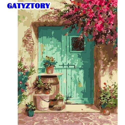 GATYZTORY Door And Flower Scenery Painting By Numbers Kits For Adults 60x75cm Framed Oil Canvas By Number Handmade Diy Gift