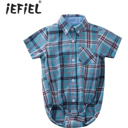 Newborn Baby Boy Romper Jumpsuit Clothes Set Plaid Cotton Formal Body Suit Short Sleeve Turn Down Collar Gentleman Shirt Rompers