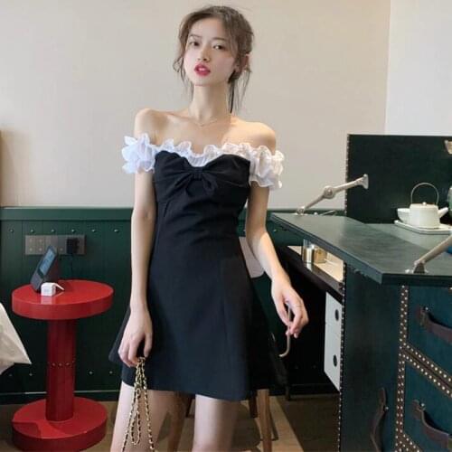 Korean Off Shoulder Womens Clothing Black Short Dresses Slim Fit Slash Neck Woman Dress Temperament Summer Style Fashion New