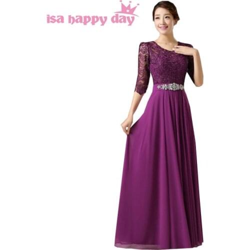 Lace overlay back bridesmaid long brides maid dress maid of bride illusion neckline with sleeves purple sleeve dresses H3665