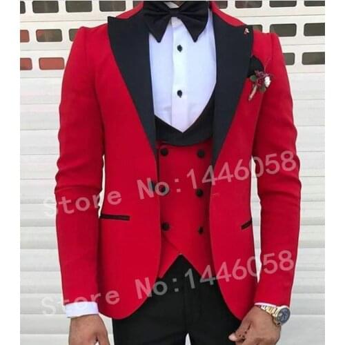 2019 New Arrival Fashion Design Red Men Suits Wedding Groom Tuxedos Peaked Lapel Groomsmen Wedding Party Suits For Men 3 Pieces